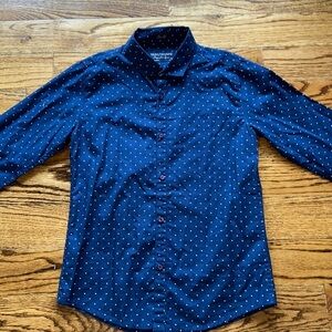 Boys long sleeved button down shirt in blue with white dot print EUC